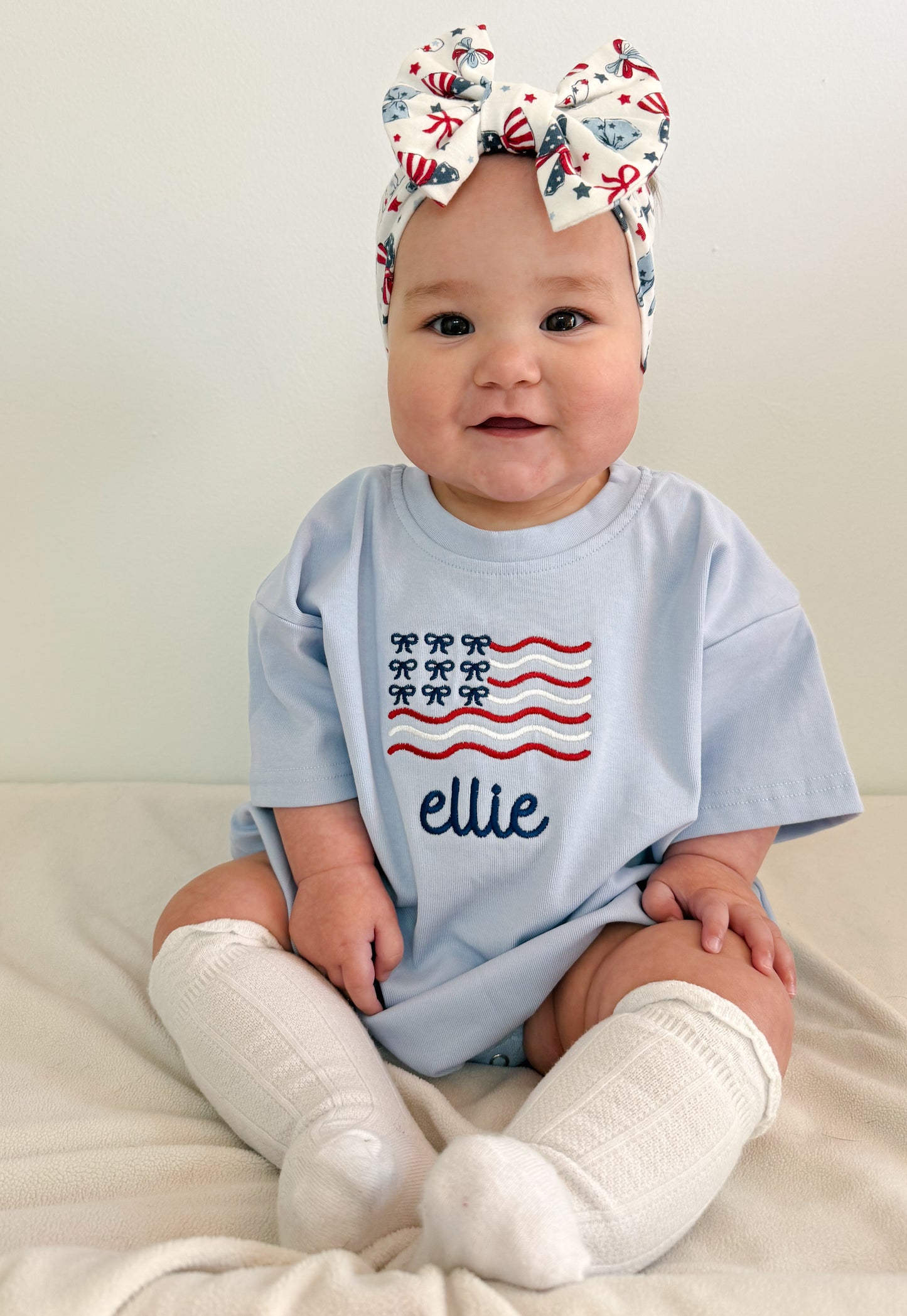 Custom Embroidered Light Blue 4th of July Oversized Tee or T-Shirt Romper - Bow Flag