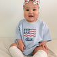 Custom Embroidered Light Blue 4th of July Oversized Tee or T-Shirt Romper - Bow Flag