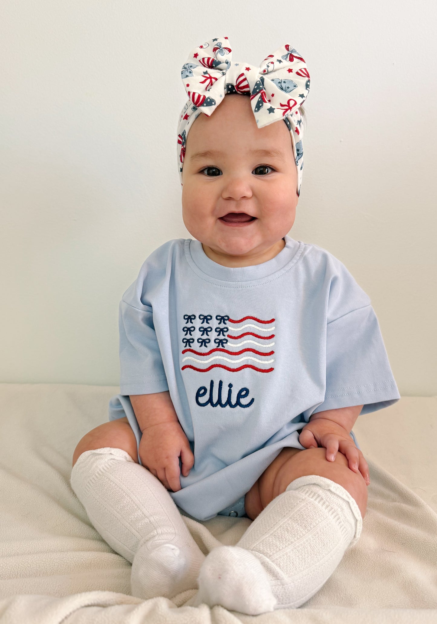Custom Embroidered Light Blue 4th of July Oversized Tee or T-Shirt Romper - Bow Flag