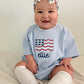 Custom Embroidered Light Blue 4th of July Oversized Tee or T-Shirt Romper - Bow Flag