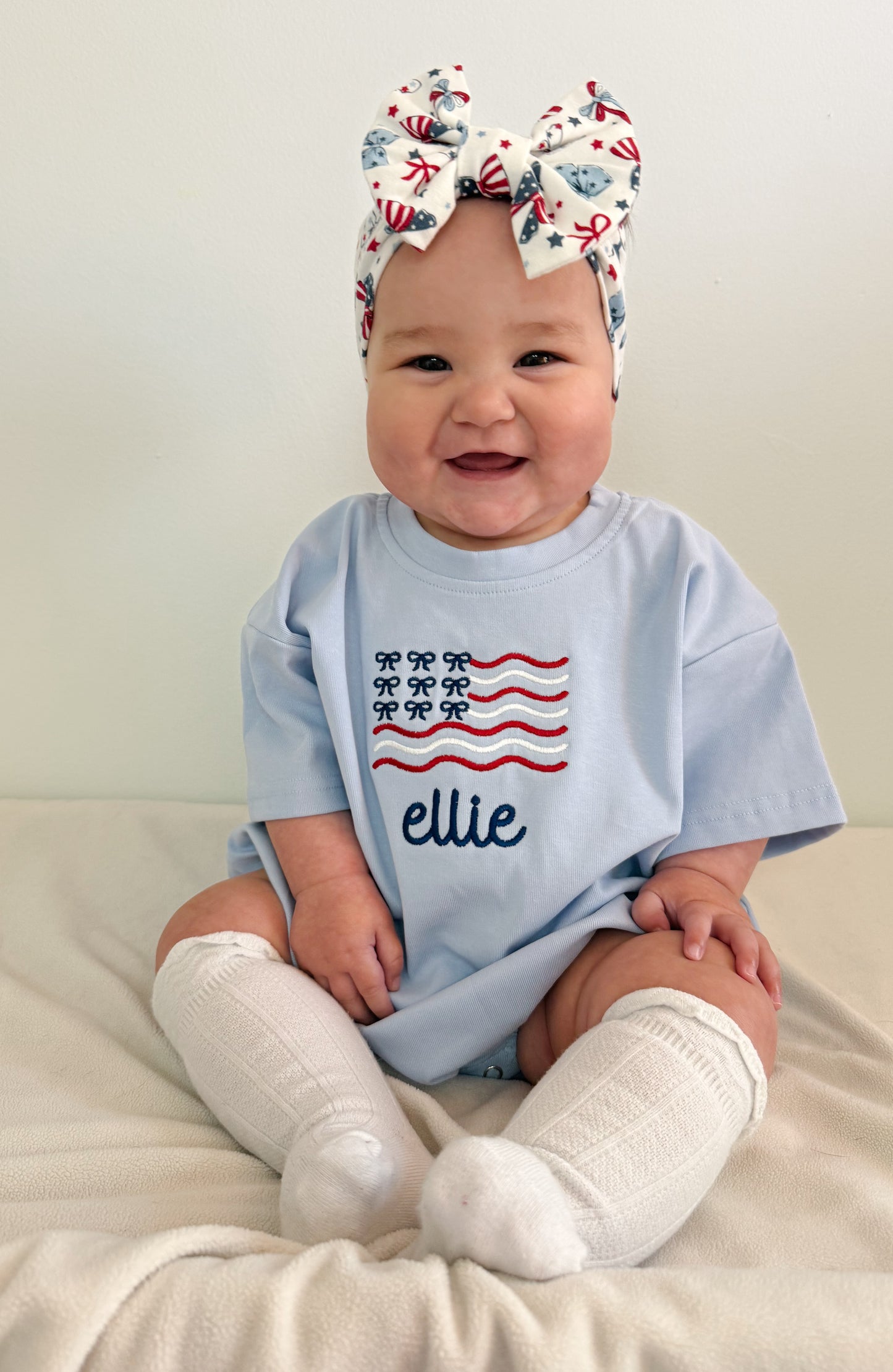 Custom Embroidered Light Blue 4th of July Oversized Tee or T-Shirt Romper - Bow Flag