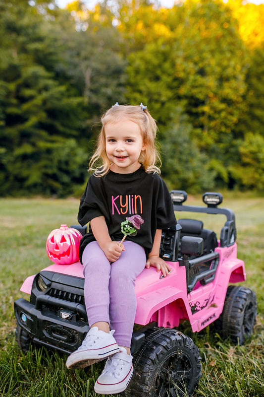 Custom Embroidered Black Halloween Tee, Sweatshirt or Bubble Romper