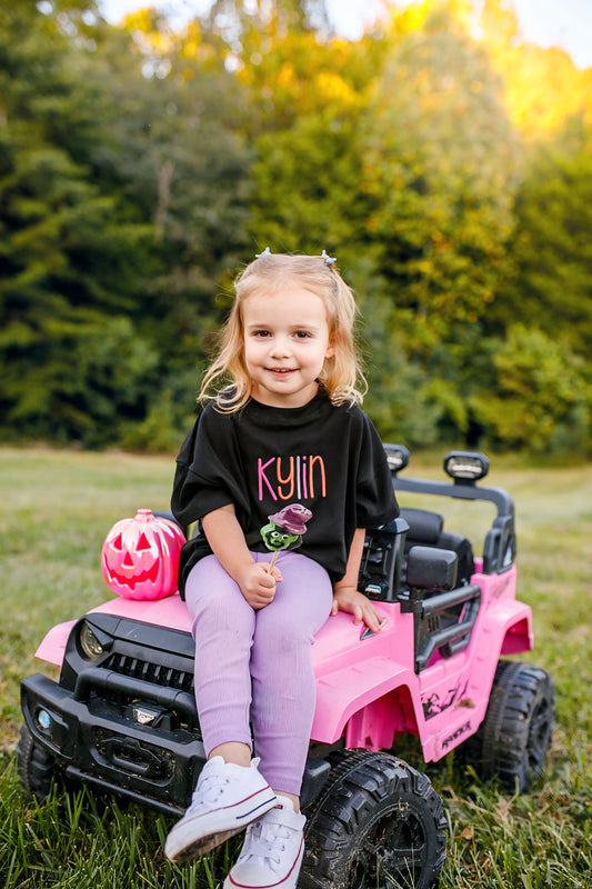 Custom Embroidered Black Halloween Tee, Sweatshirt or Bubble Romper