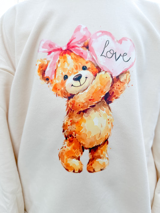 Valentine's Day Teddy Bear Bow Crewneck Sweatshirt or Sweatshirt Romper - Red or Cream