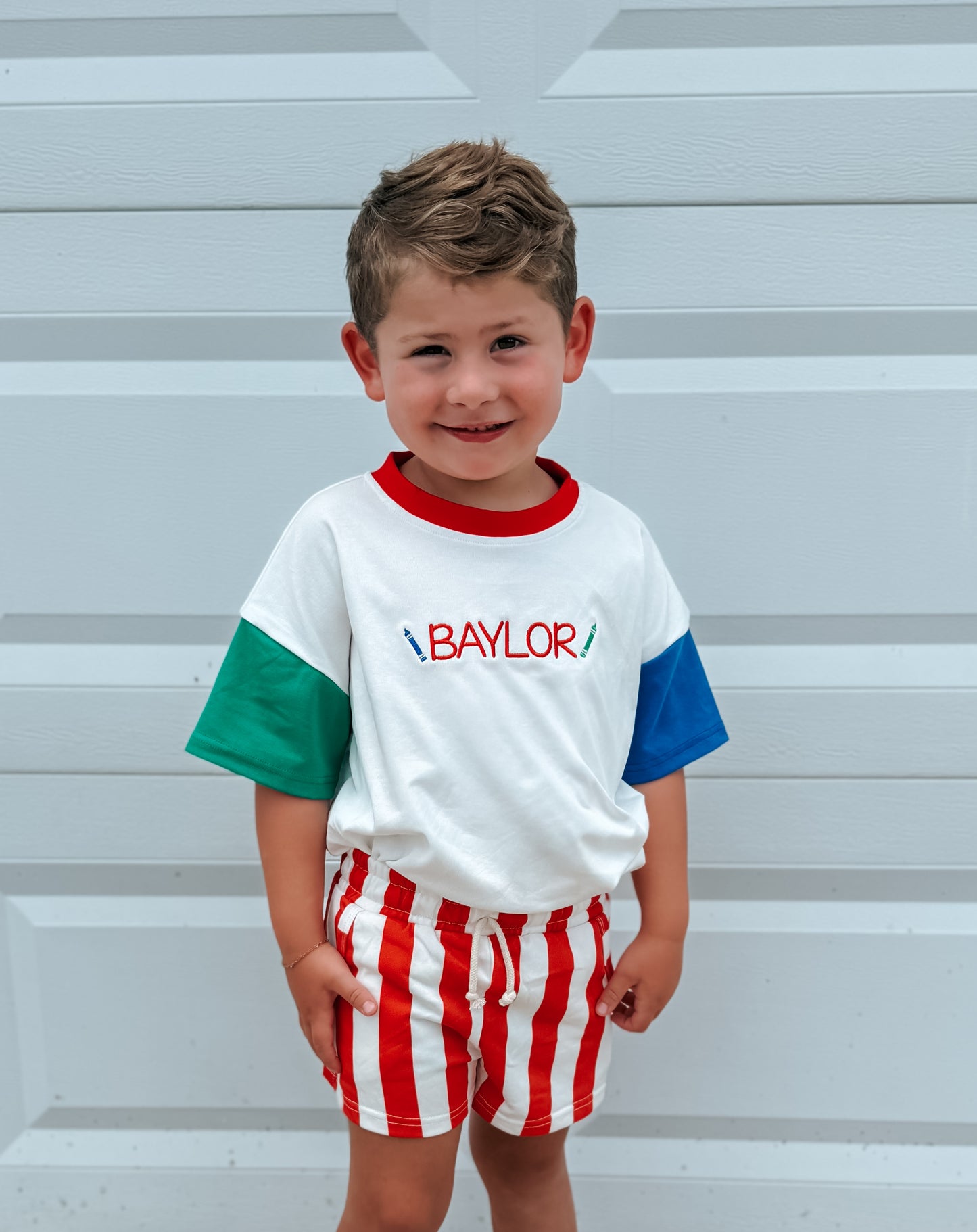 Custom Embroidered Retro Colorblock T-Shirt Romper or Oversized Tee w/Optional Shorts