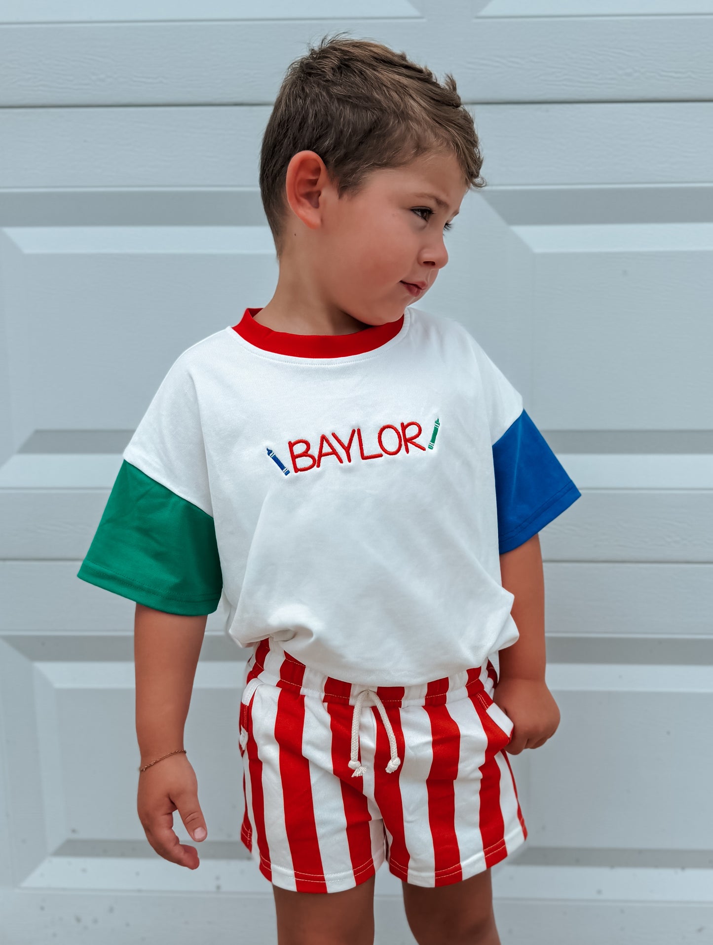 Custom Embroidered Retro Colorblock T-Shirt Romper or Oversized Tee w/Optional Shorts