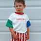 Custom Embroidered Retro Colorblock T-Shirt Romper or Oversized Tee w/Optional Shorts