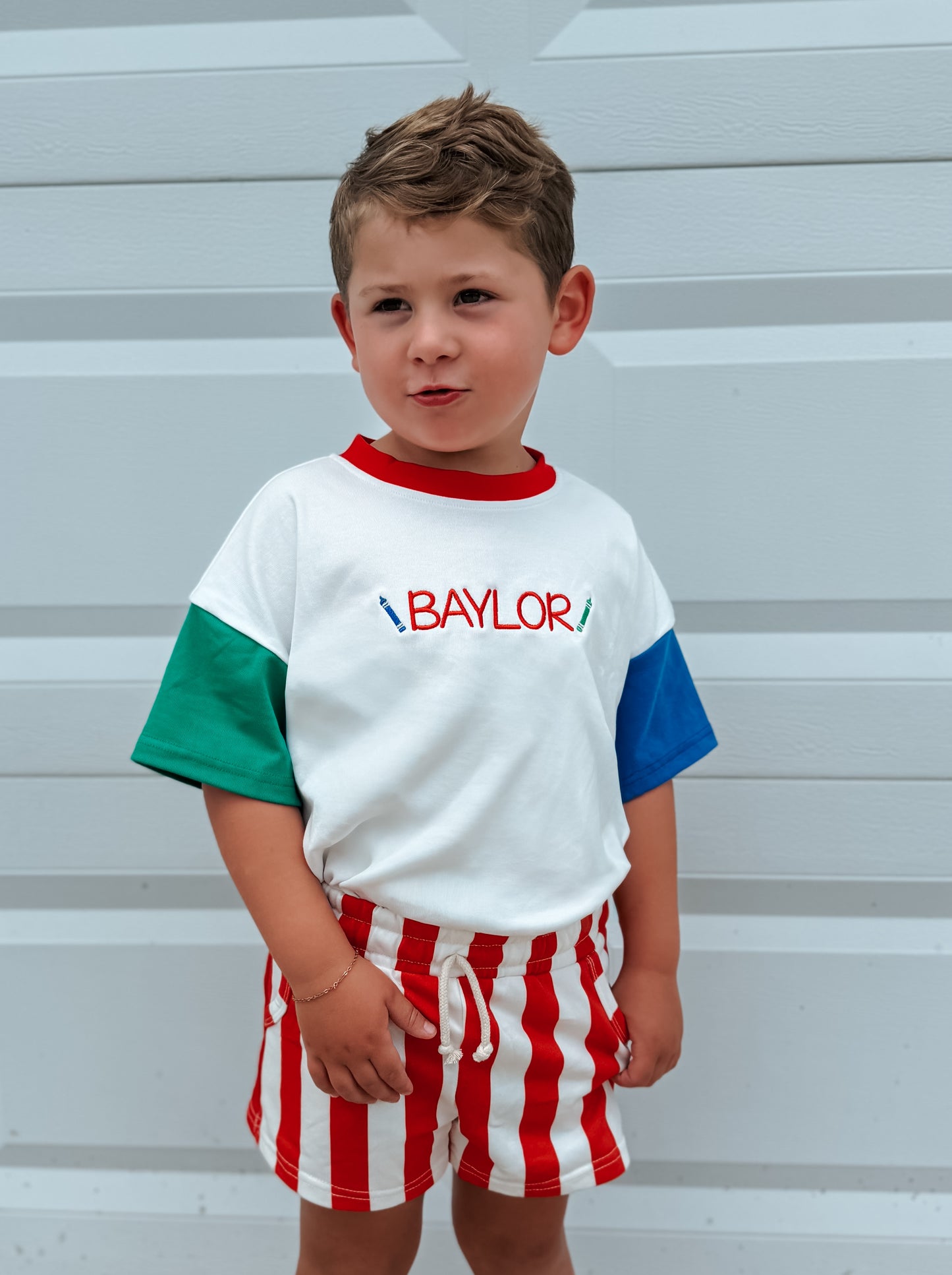Custom Embroidered Retro Colorblock T-Shirt Romper or Oversized Tee w/Optional Shorts