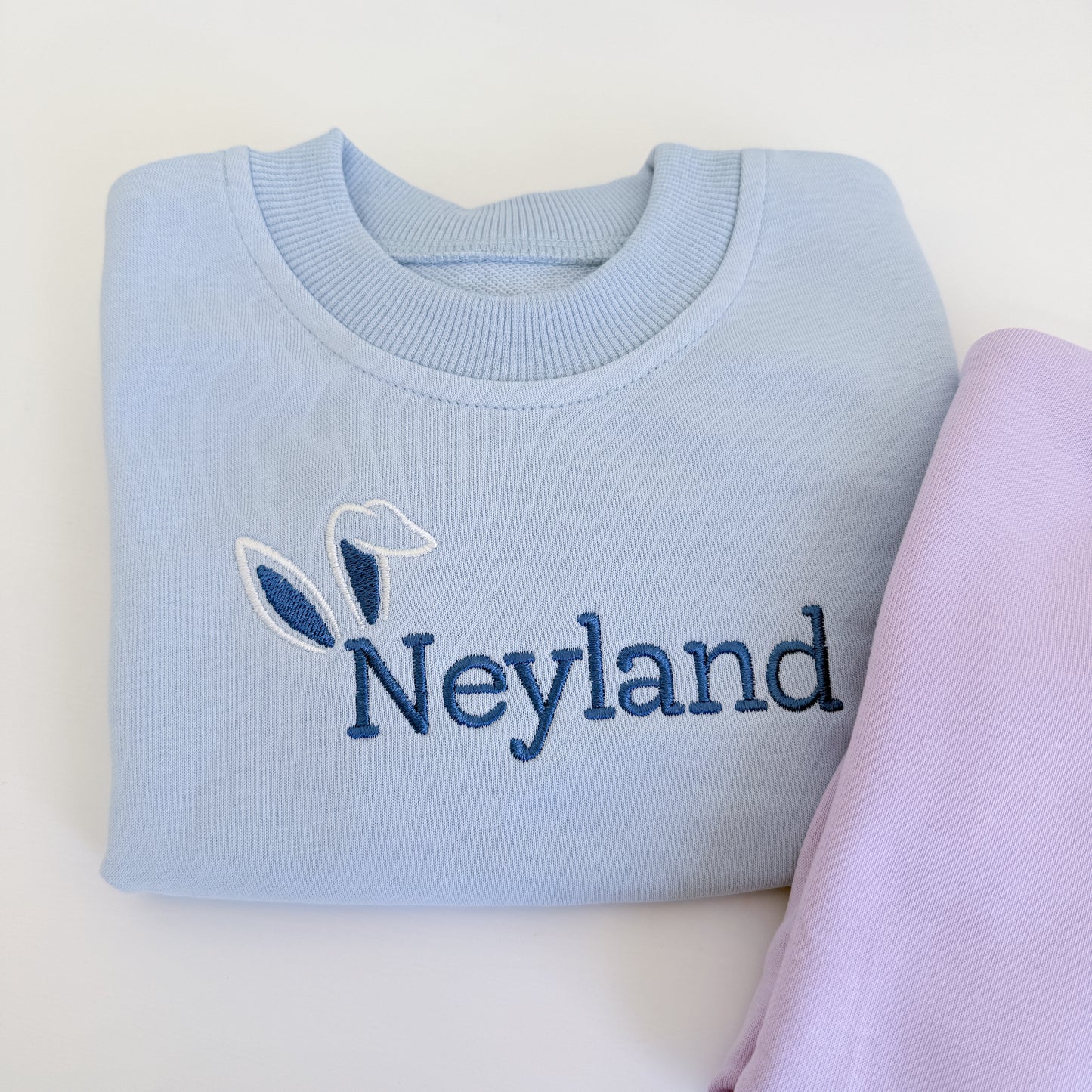 Custom Embroidered Bunny Ears Easter Sweatshirt or Sweatshirt Romper - Blue or Purple