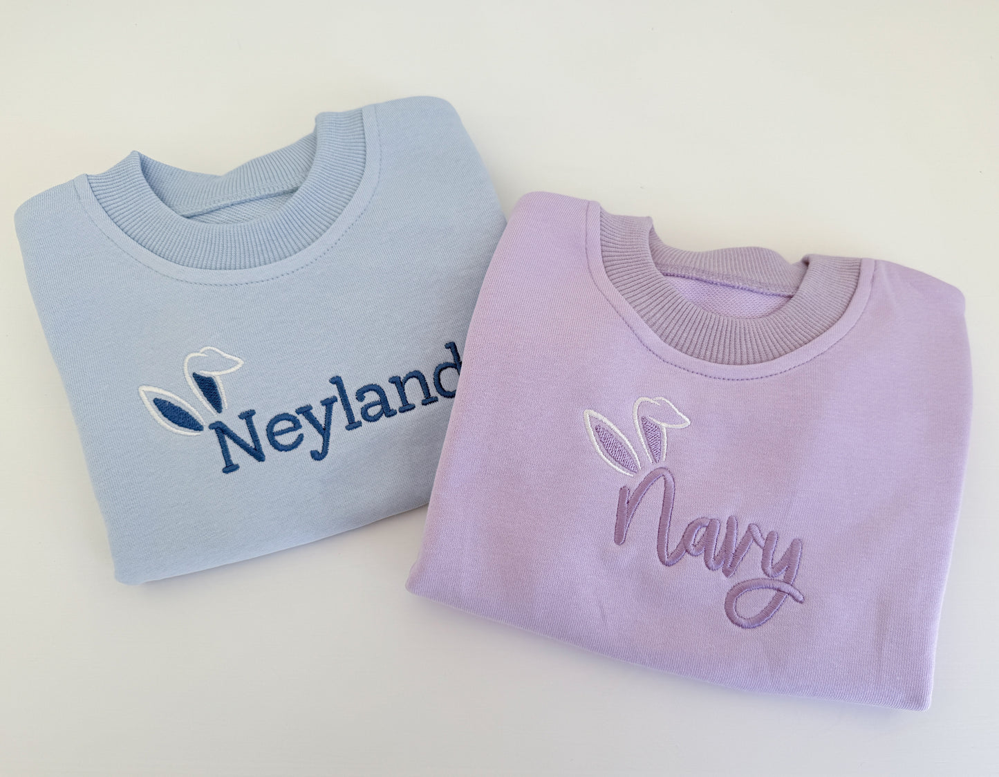 Custom Embroidered Bunny Ears Easter Sweatshirt or Sweatshirt Romper - Blue or Purple