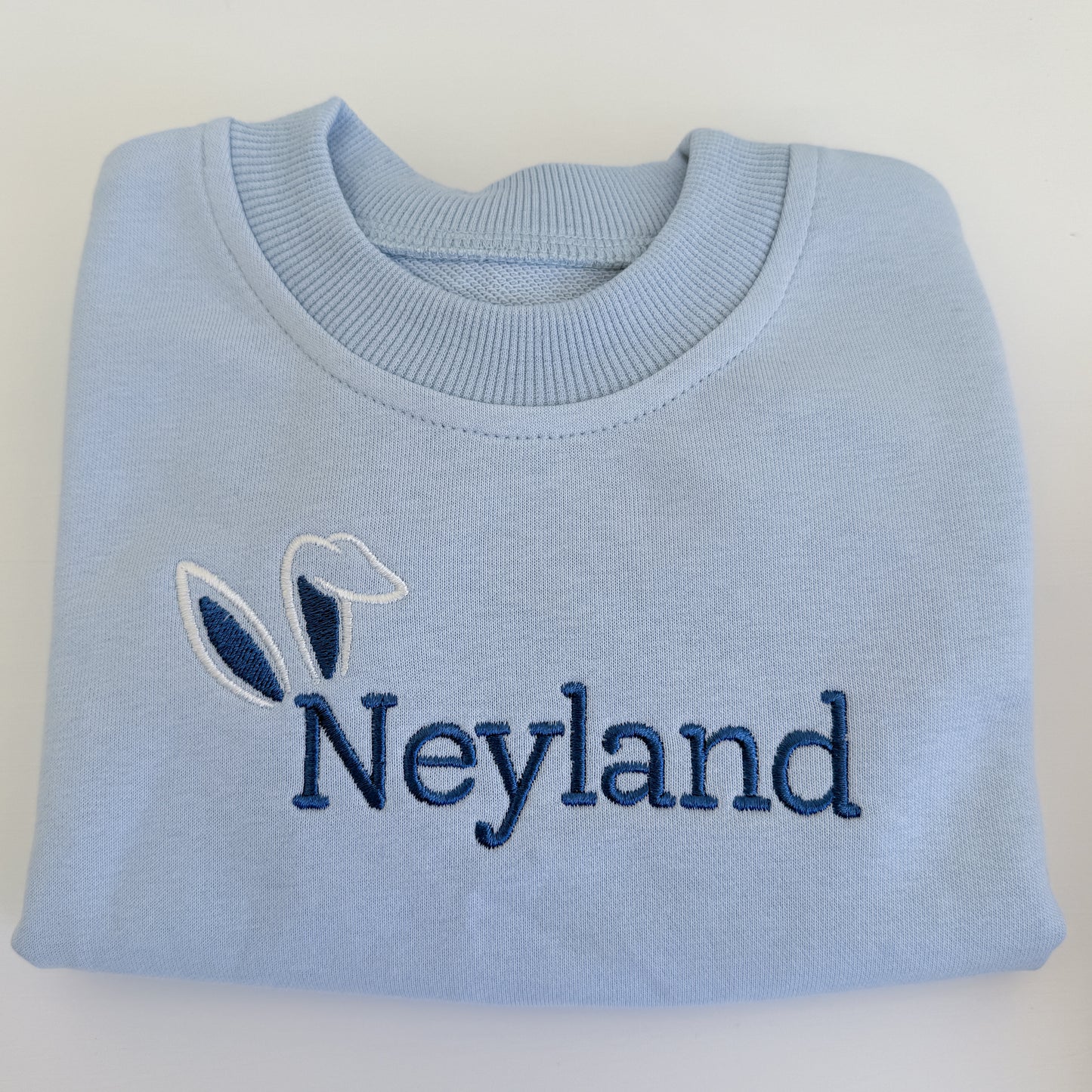 Custom Embroidered Bunny Ears Easter Sweatshirt or Sweatshirt Romper - Blue or Purple