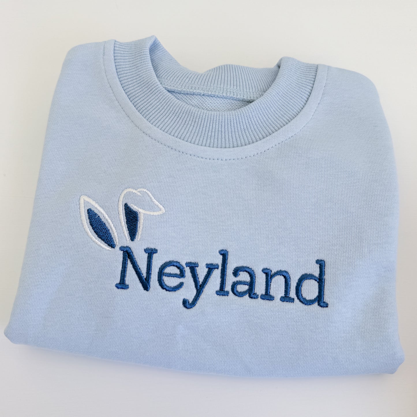 Custom Embroidered Bunny Ears Easter Sweatshirt or Sweatshirt Romper - Blue or Purple