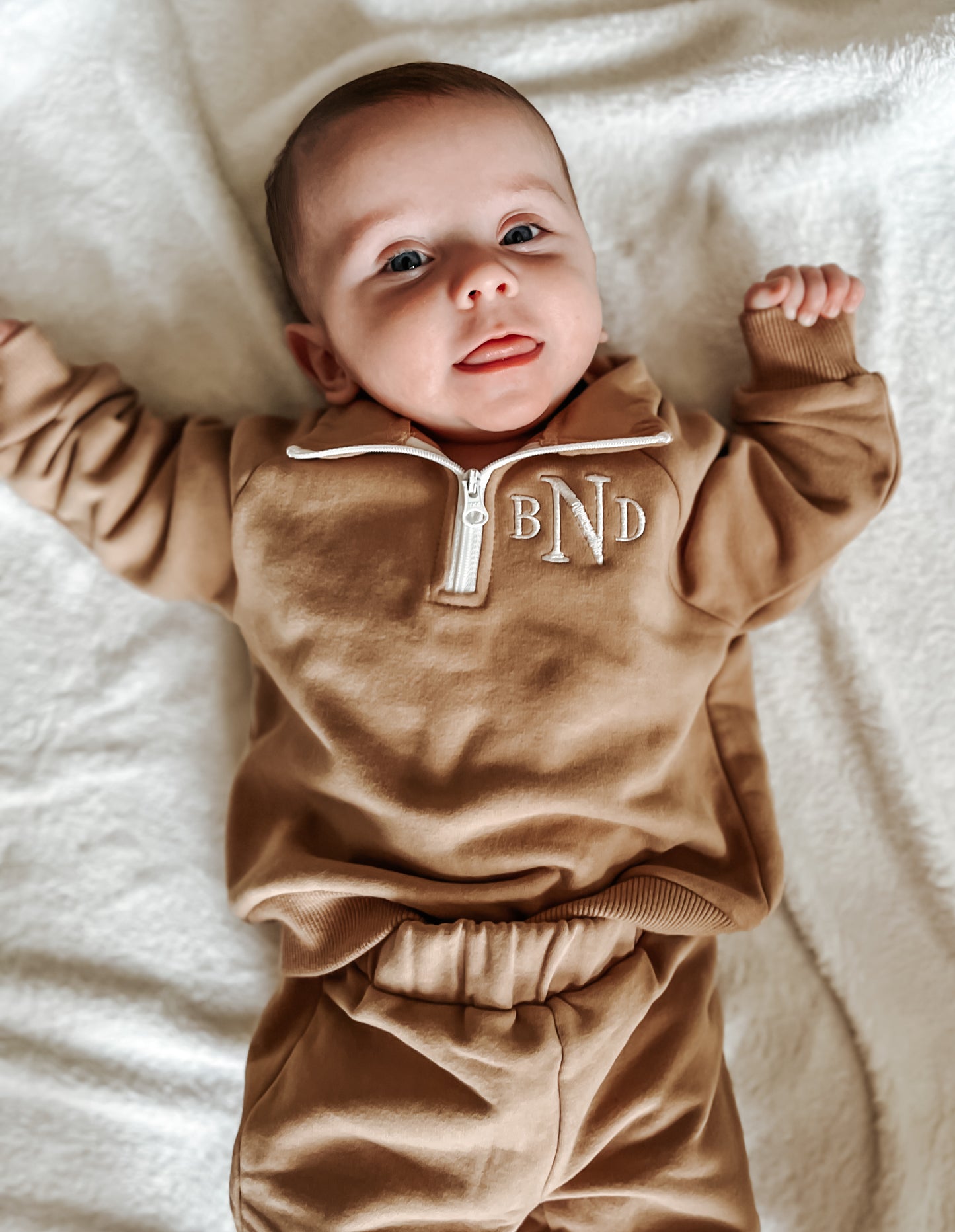 Custom Embroidered Organic Cotton Quarter-Zip Set - Tan