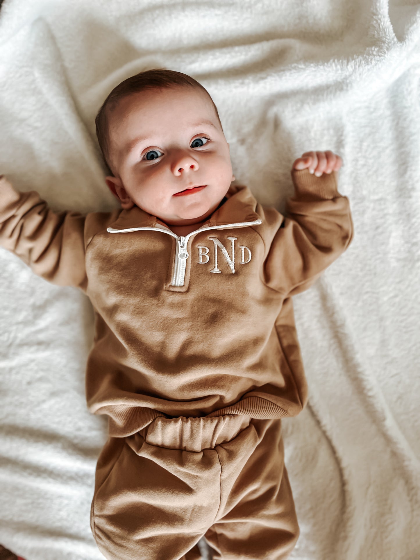 Custom Embroidered Organic Cotton Quarter-Zip Set - Tan