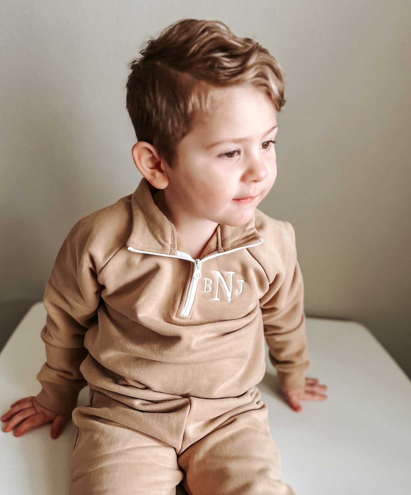 Custom Embroidered Organic Cotton Quarter-Zip Set - Tan