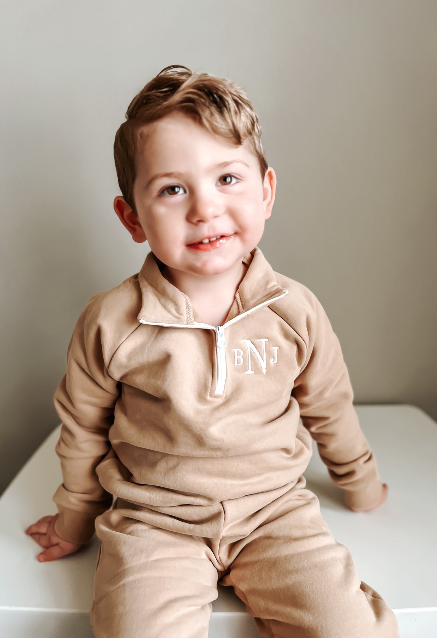 Custom Embroidered Organic Cotton Quarter-Zip Set - Tan