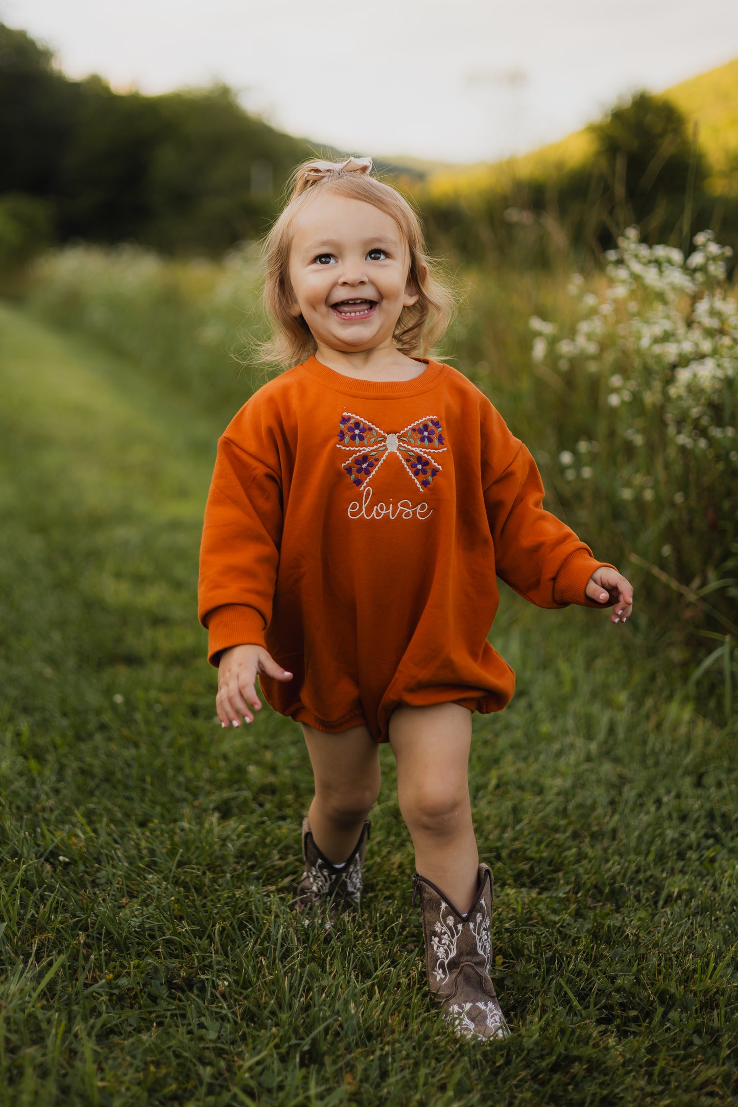 Custom Embroidered Orange Crewneck Sweatshirt or Romper - Floral Bow or other Halloween