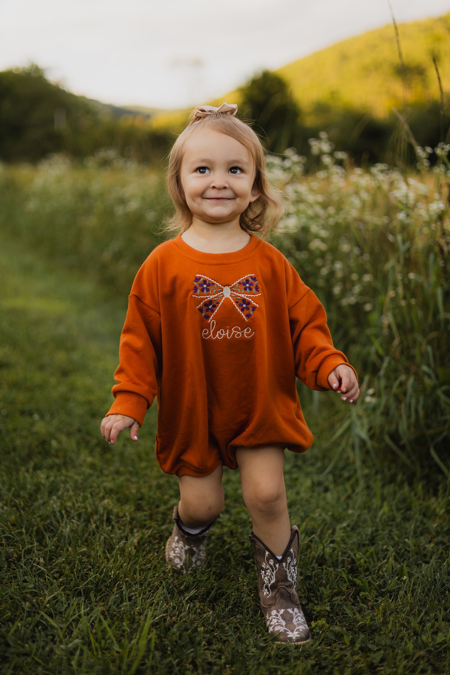 Custom Embroidered Orange Crewneck Sweatshirt or Romper - Floral Bow or other Halloween