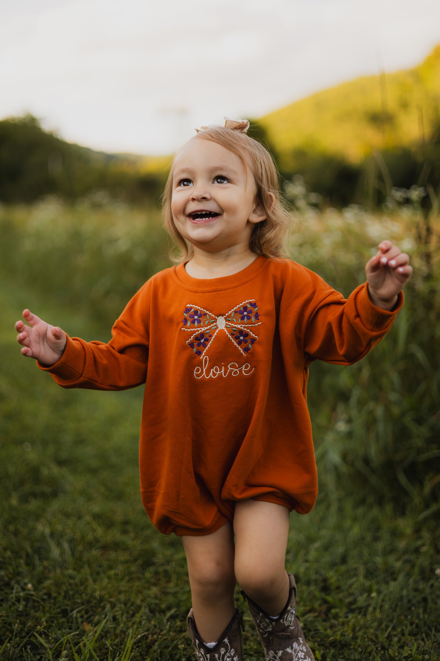 Custom Embroidered Orange Crewneck Sweatshirt or Romper - Floral Bow or other Halloween
