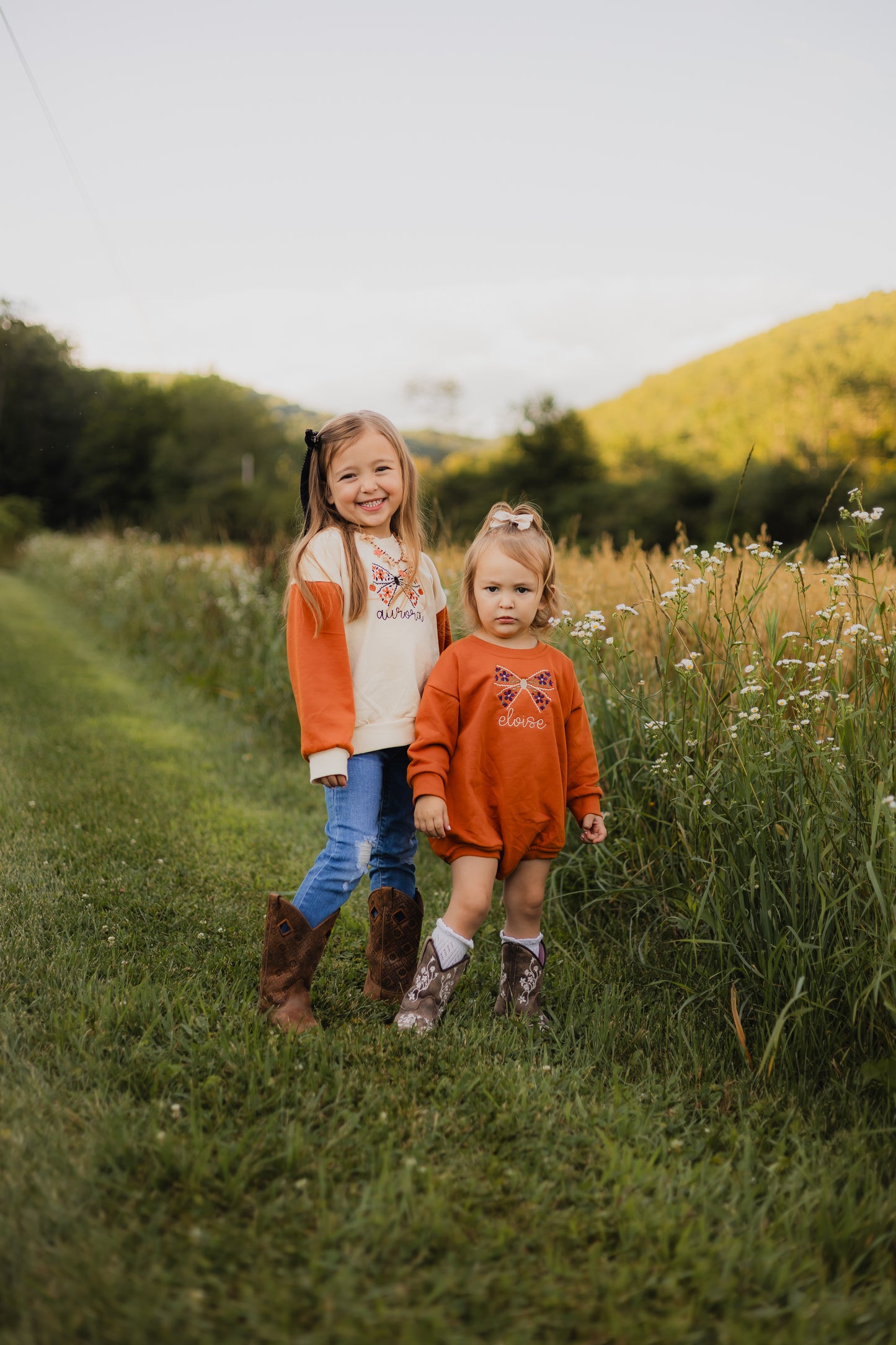 Custom Embroidered Orange Colorblock Crewneck Sweatshirt or Romper - Floral Bow Embroidery