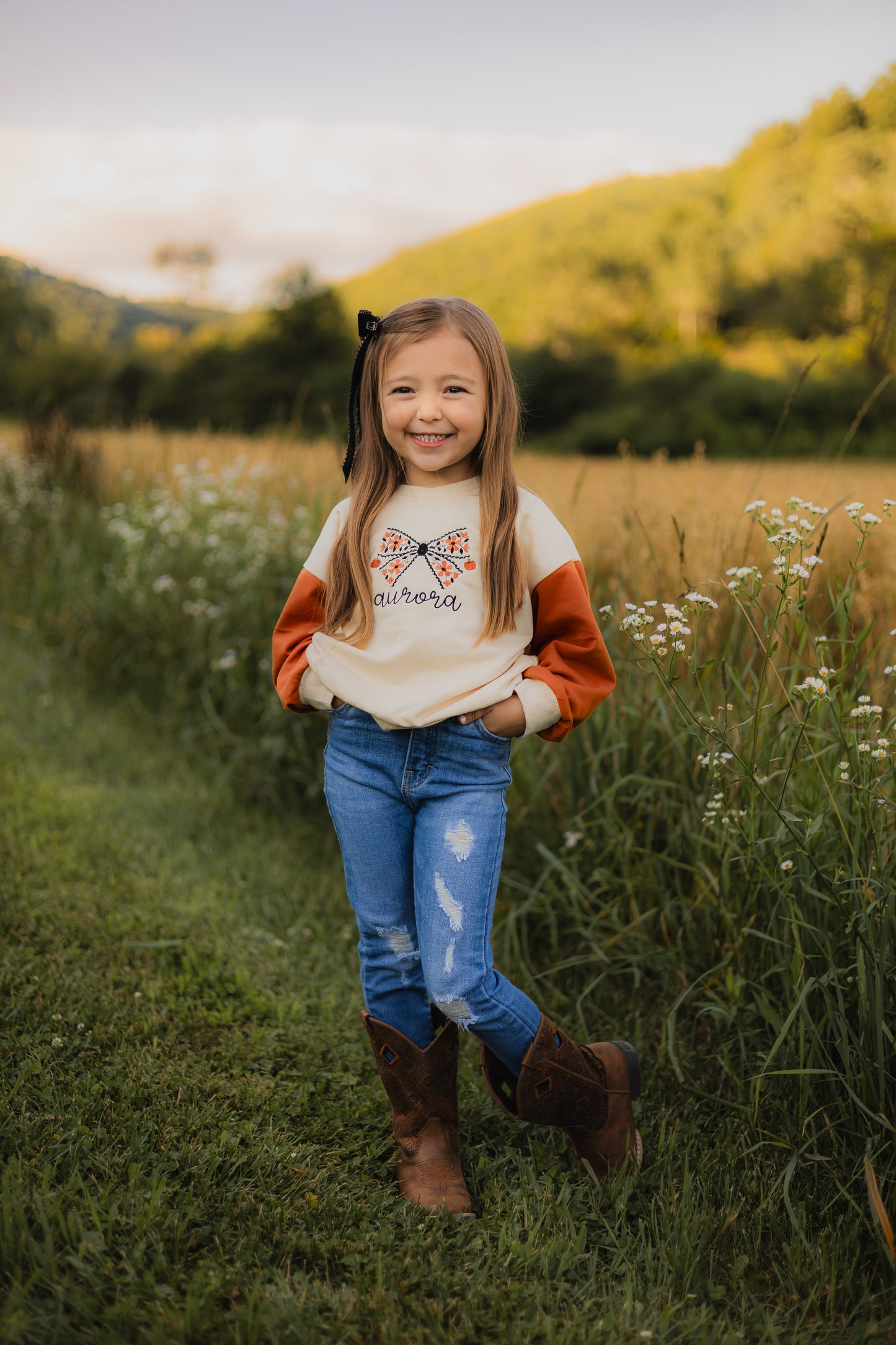 Custom Embroidered Orange Colorblock Crewneck Sweatshirt or Romper - Floral Bow Embroidery