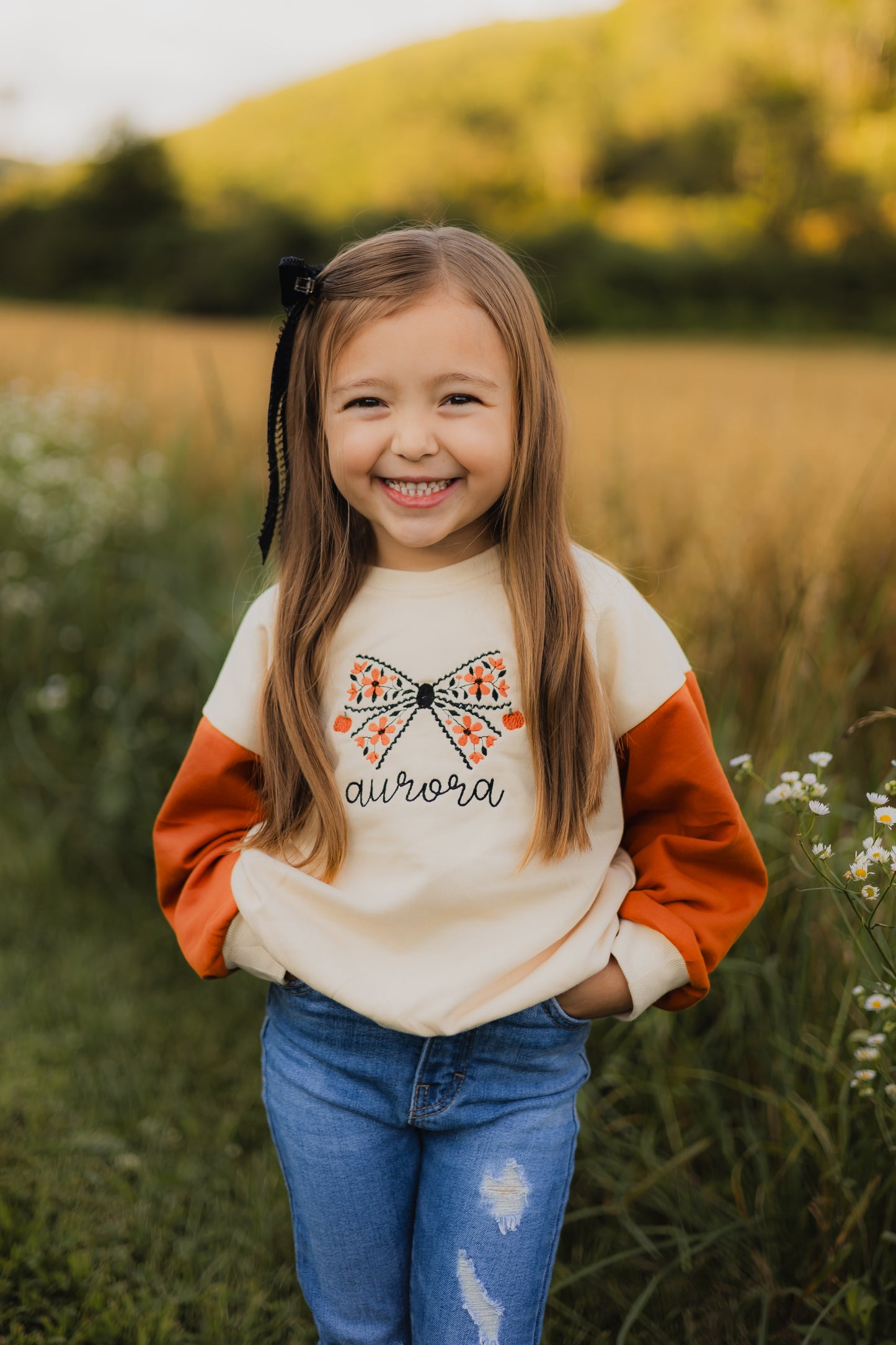 Custom Embroidered Orange Colorblock Crewneck Sweatshirt or Romper - Floral Bow Embroidery