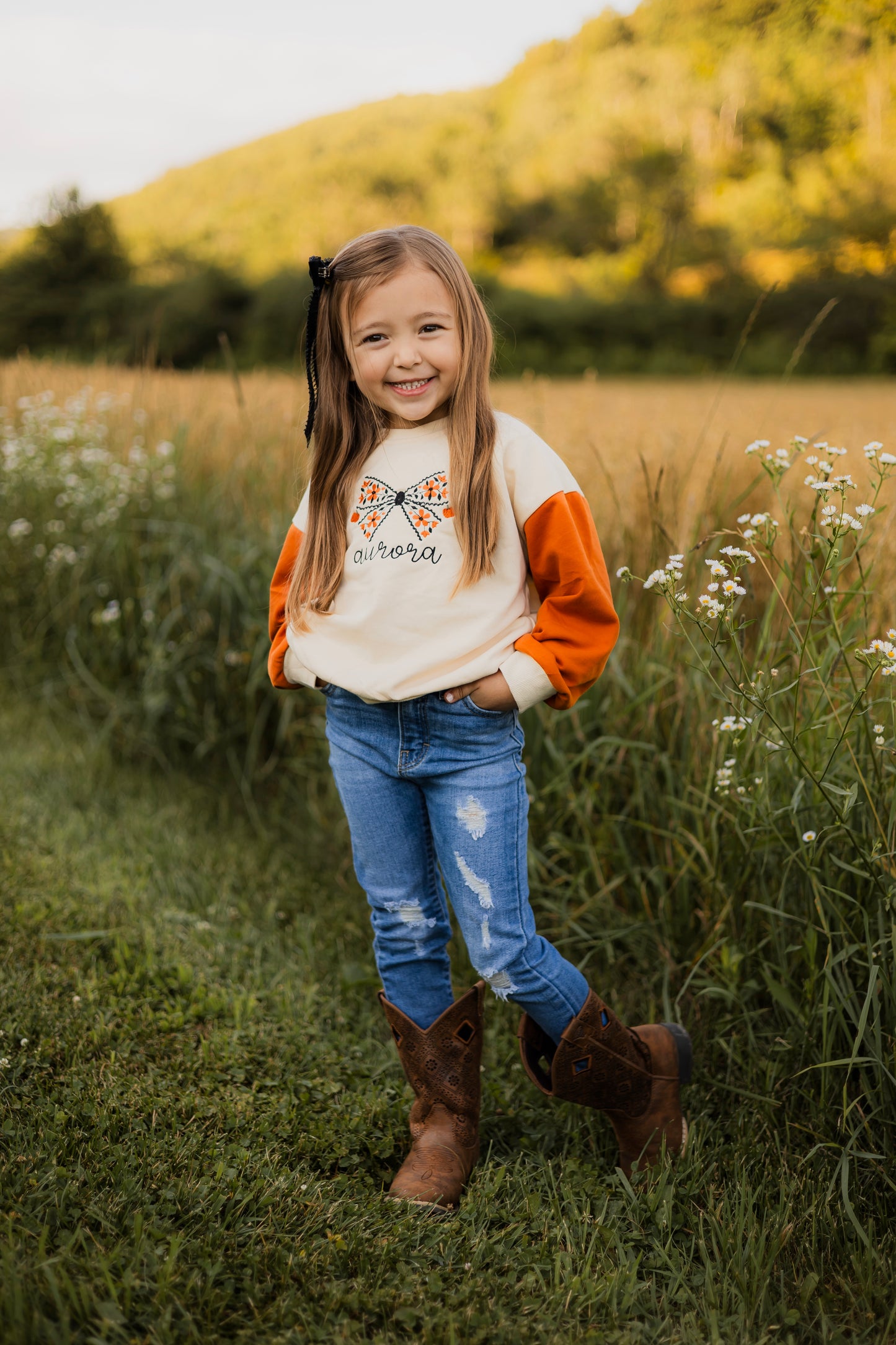 Custom Embroidered Orange Colorblock Crewneck Sweatshirt or Romper - Floral Bow Embroidery