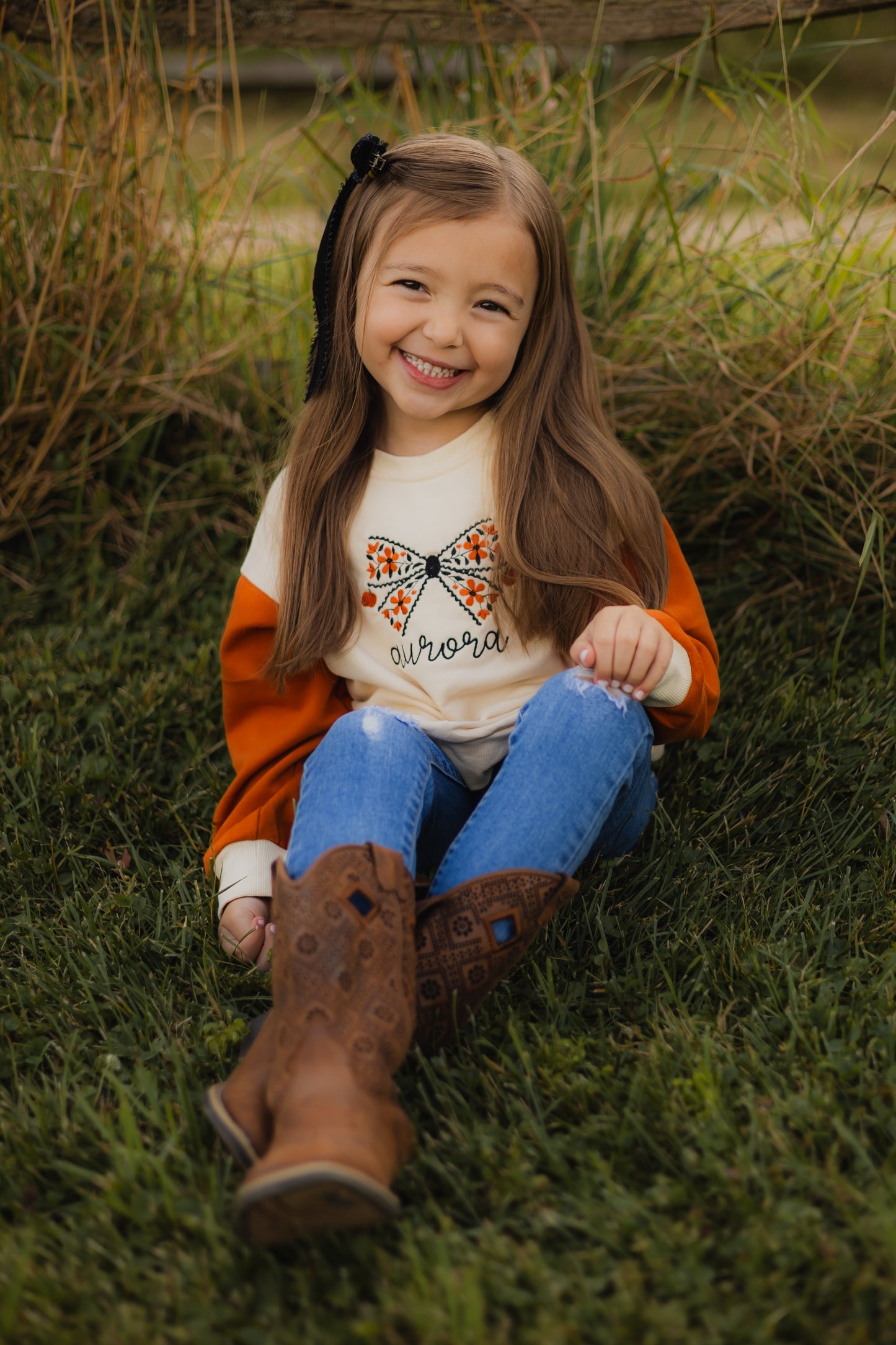Custom Embroidered Orange Colorblock Crewneck Sweatshirt or Romper - Floral Bow Embroidery