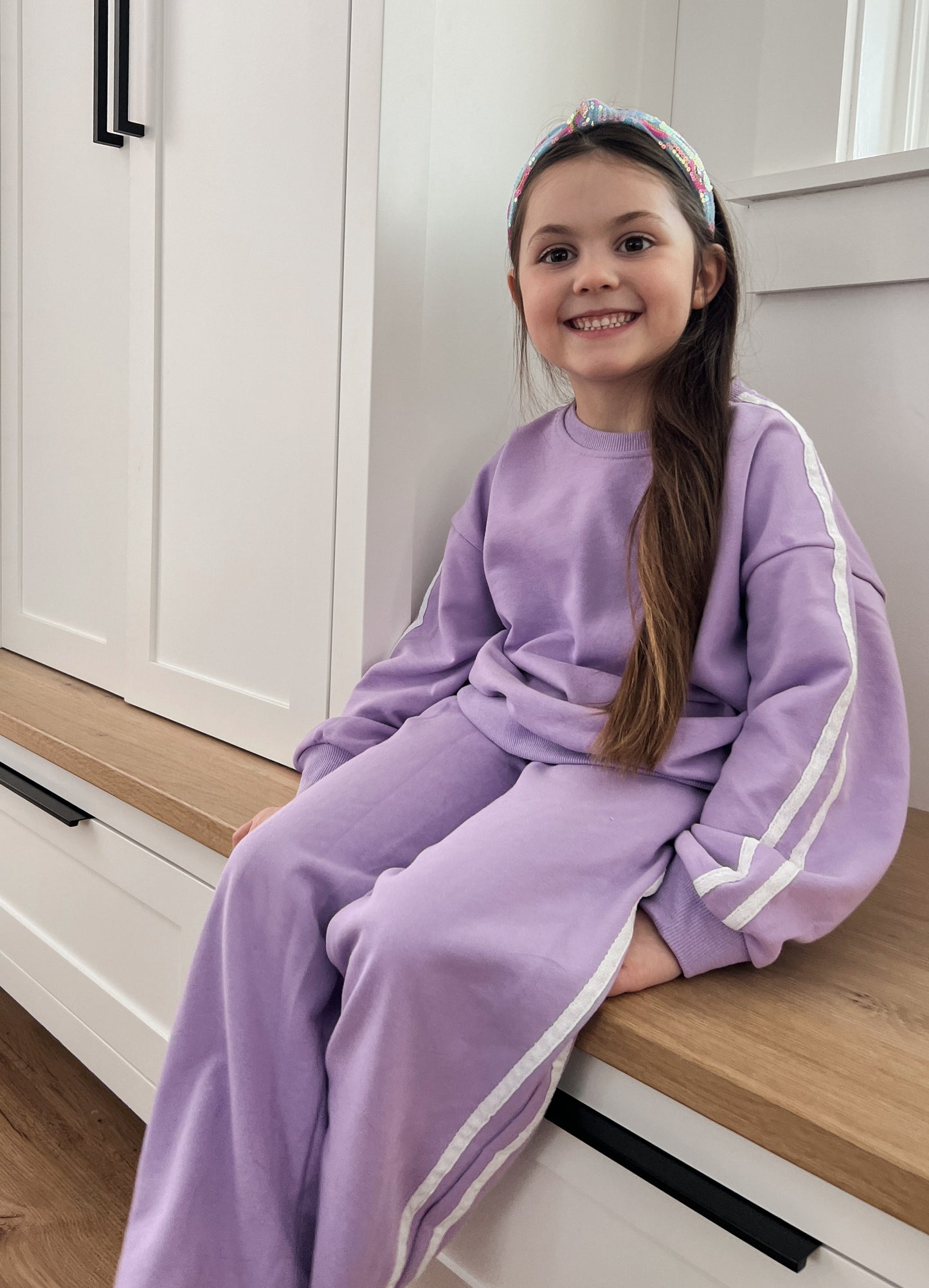 Custom Embroidered Varsity Striped Wide Leg Set - Purple