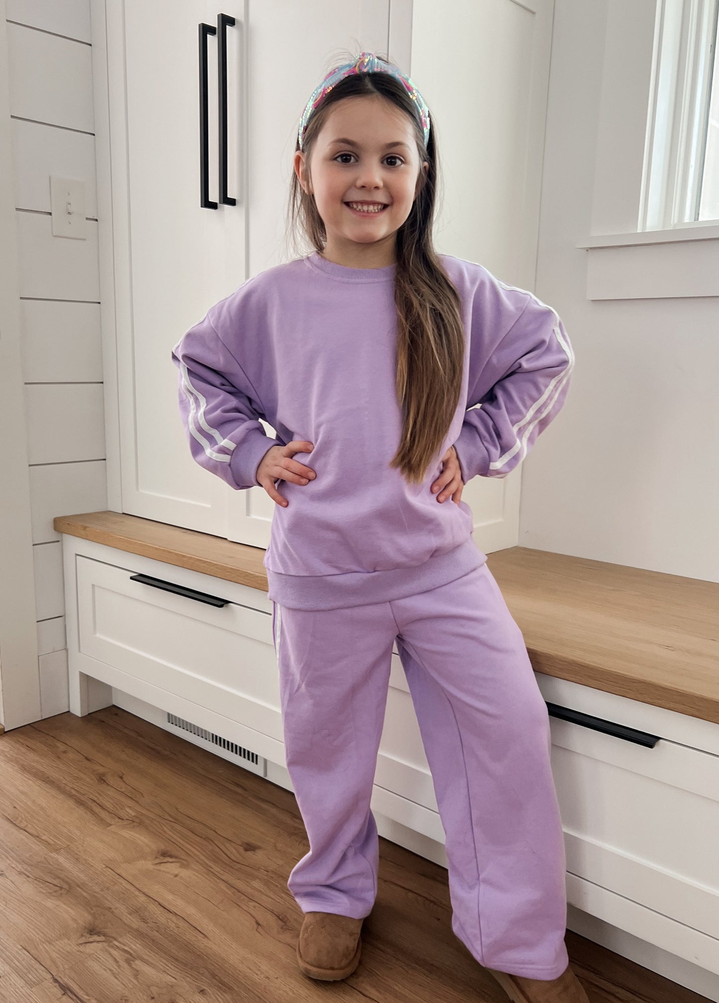 Custom Embroidered Varsity Striped Wide Leg Set - Purple