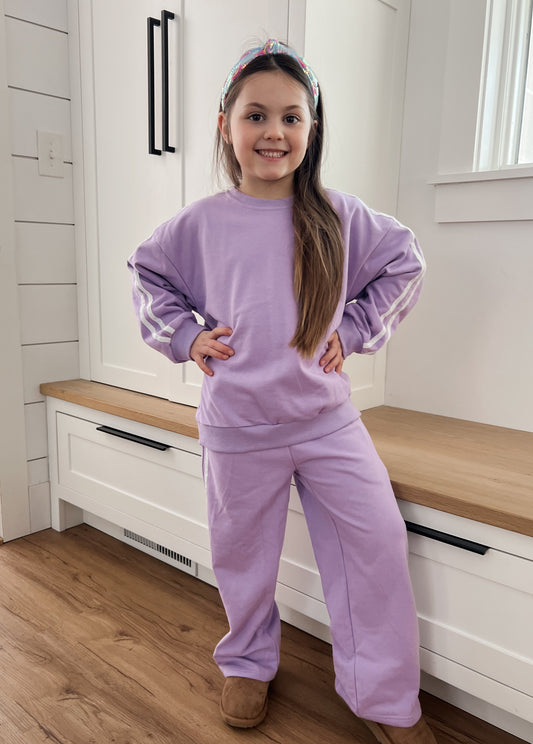 Custom Embroidered Varsity Striped Wide Leg Set - Purple