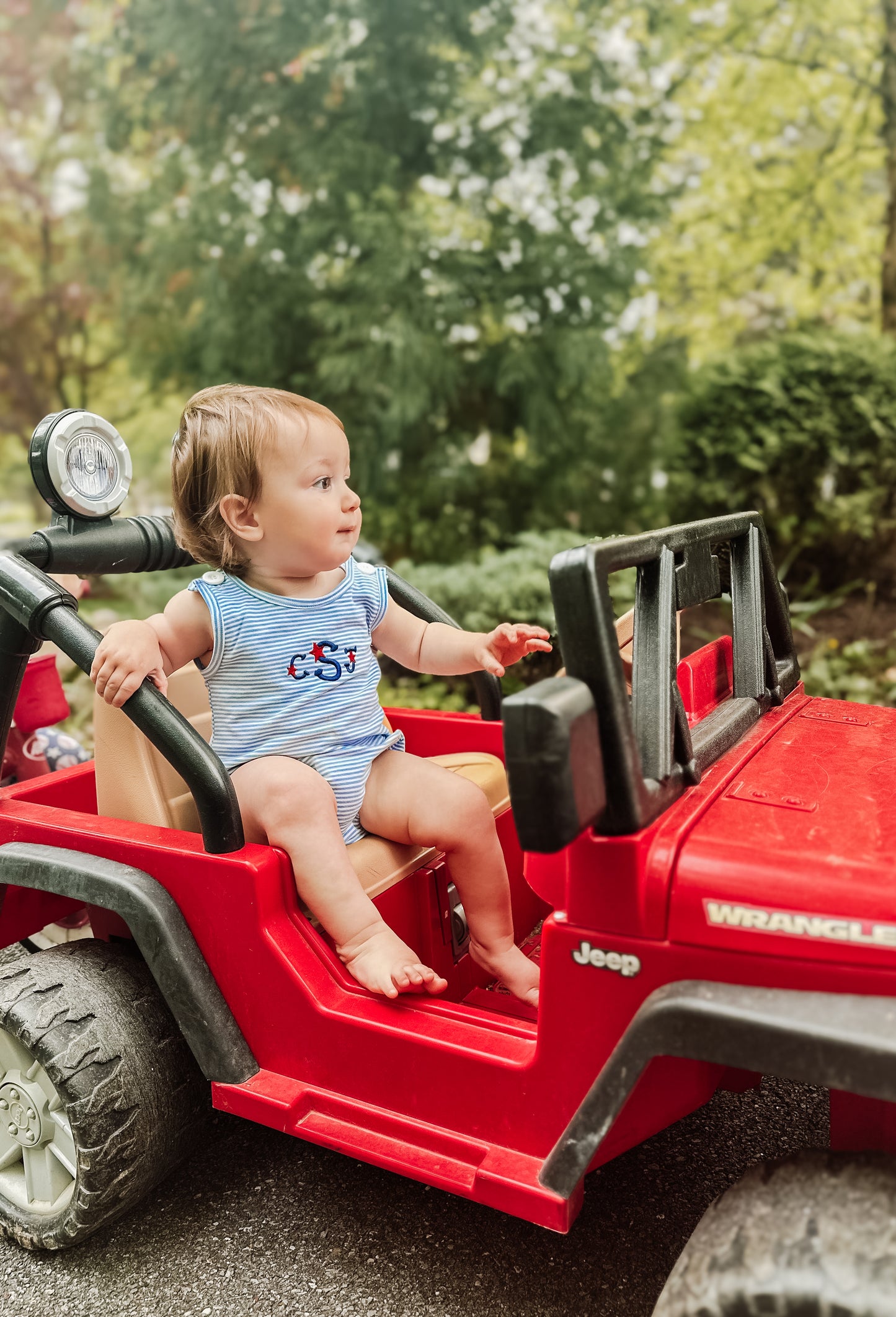 Custom Embroidered Blue Striped Bubble Romper - Summer or 4th of July