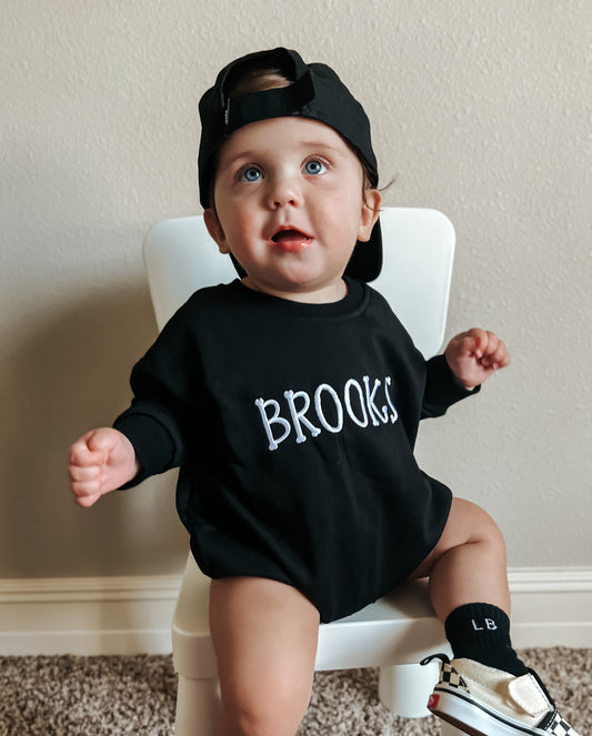 Custom Embroidered Black Halloween Tee, Sweatshirt or Bubble Romper - Bones Font
