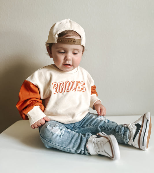 Custom Embroidered Orange Colorblock Crewneck Sweatshirt or Romper