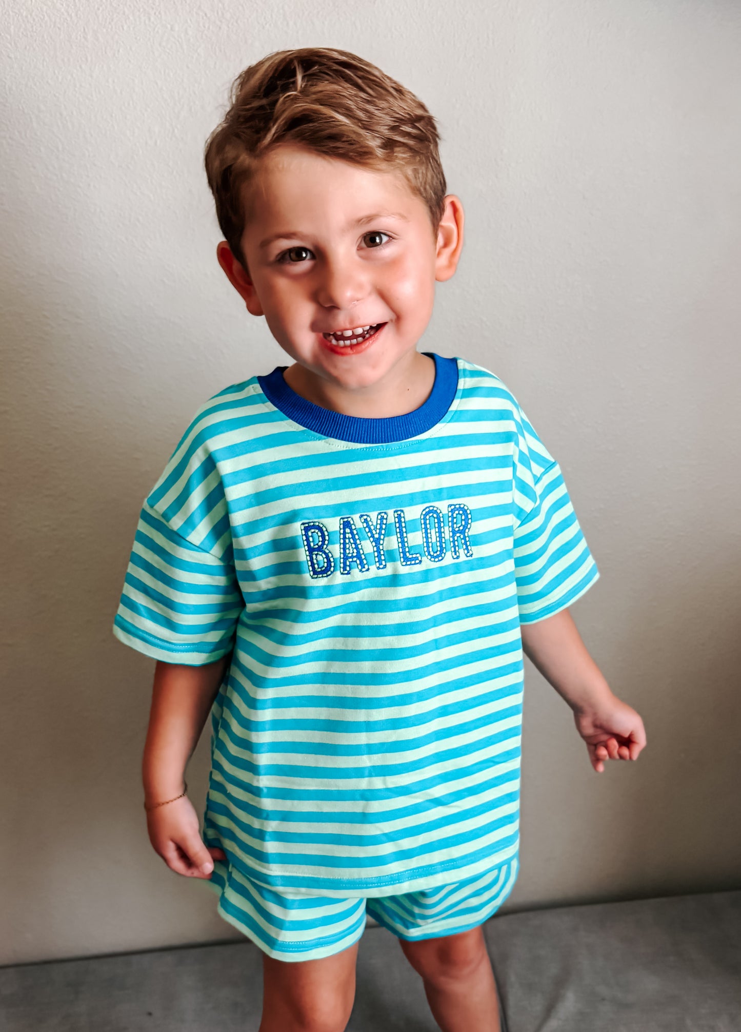 Blue Striped Organic Cotton Shorts Set - Optional Custom Embroidery
