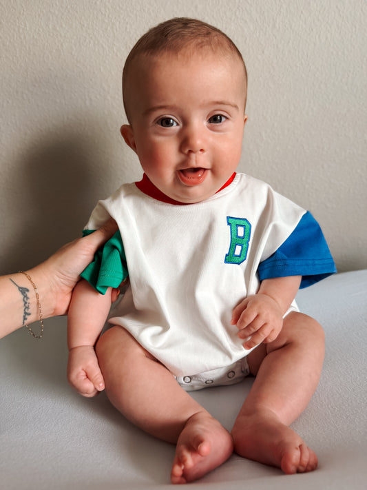 Custom Embroidered Retro Colorblock T-Shirt Romper or Oversized Tee w/Optional Shorts