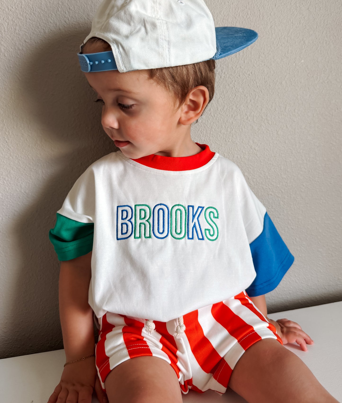 Custom Embroidered Retro Colorblock T-Shirt Romper or Oversized Tee w/Optional Shorts