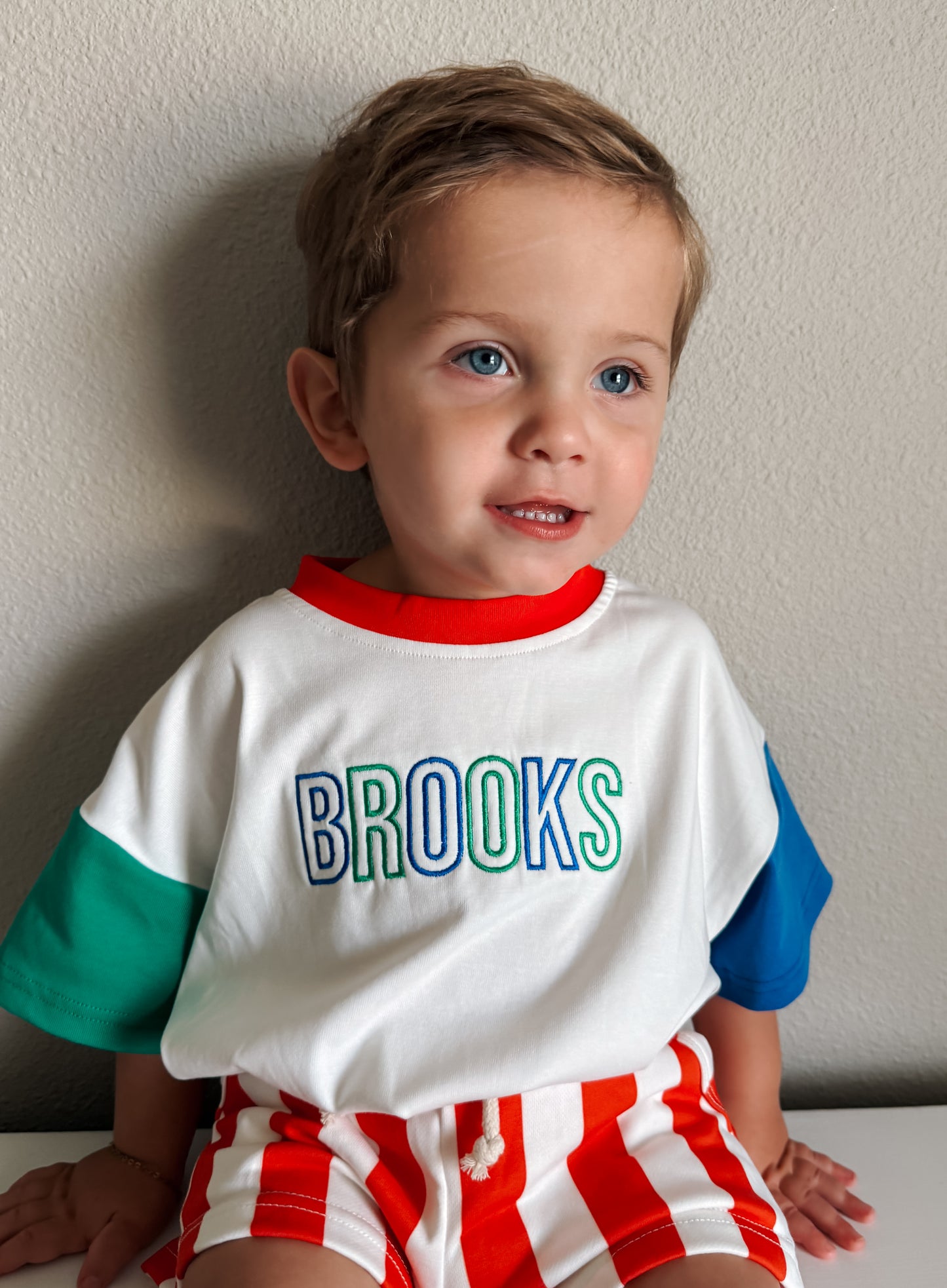 Custom Embroidered Retro Colorblock T-Shirt Romper or Oversized Tee w/Optional Shorts