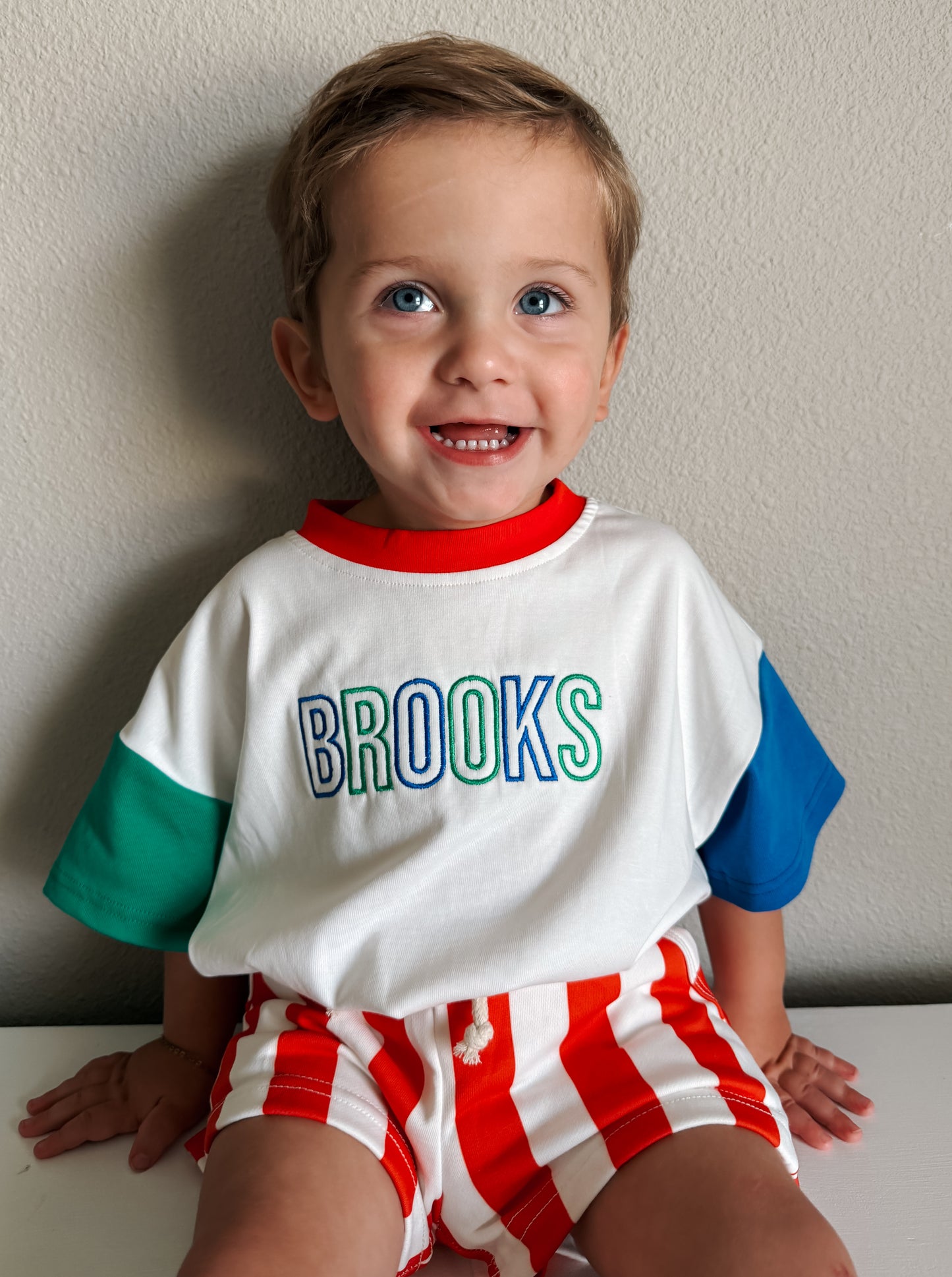 Custom Embroidered Retro Colorblock T-Shirt Romper or Oversized Tee w/Optional Shorts