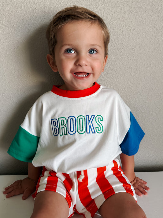Custom Embroidered Retro Colorblock T-Shirt Romper or Oversized Tee w/Optional Shorts