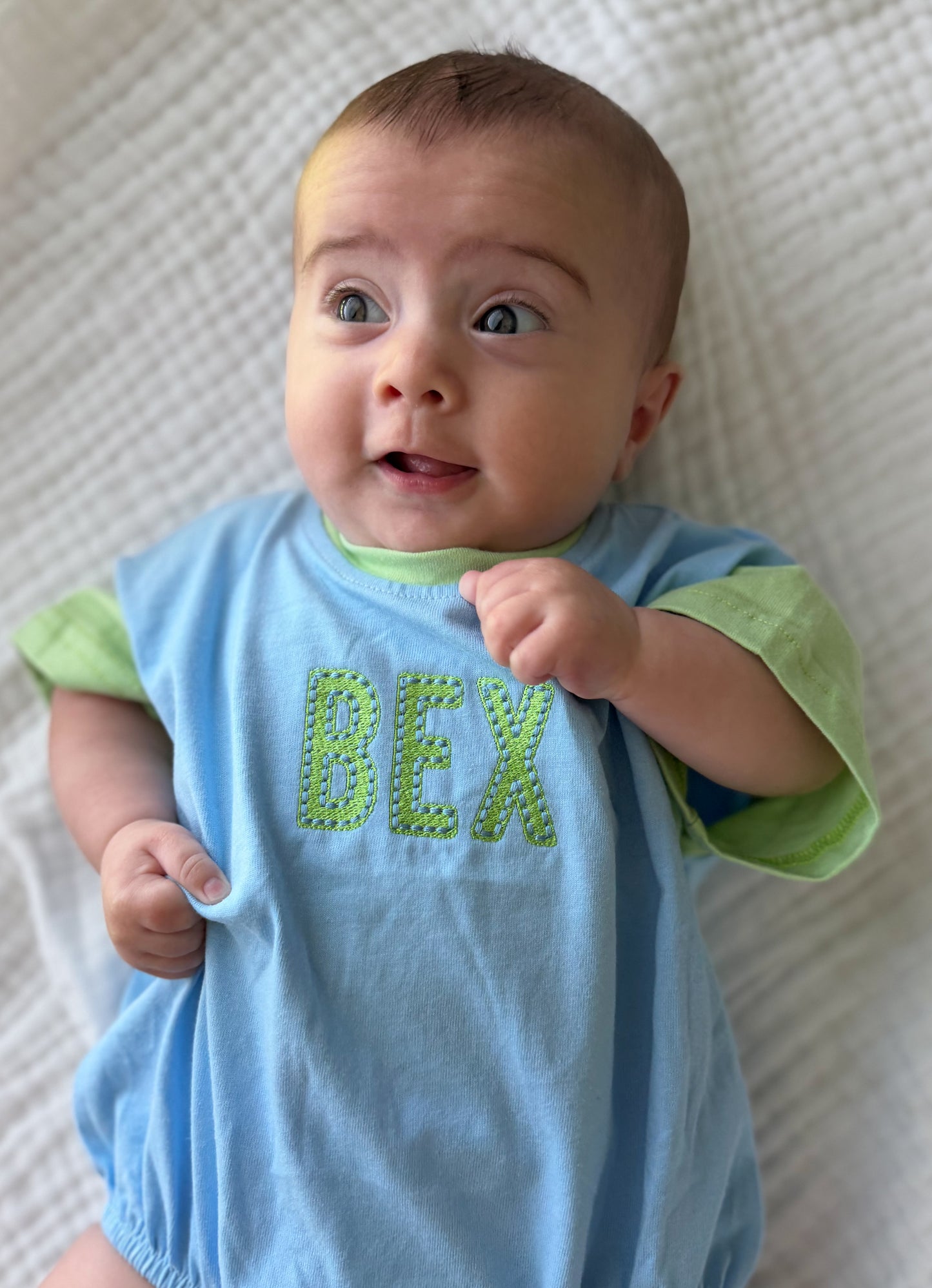 Custom Embroidered Colorblock T-Shirt Romper - Blue & Green