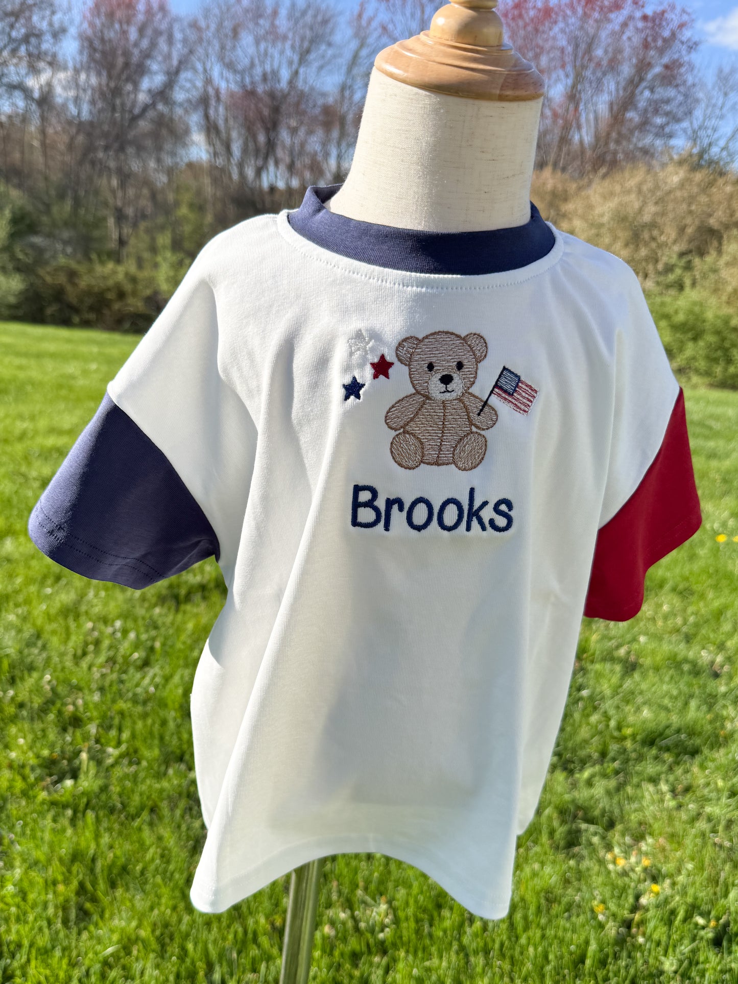 Custom Embroidered 4th of July Colorblock T-Shirt Romper or Oversized Tee - Teddy Bear