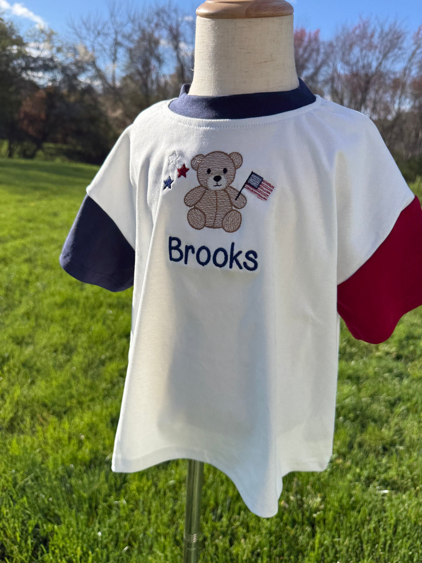 Custom Embroidered 4th of July Colorblock T-Shirt Romper or Oversized Tee - Teddy Bear