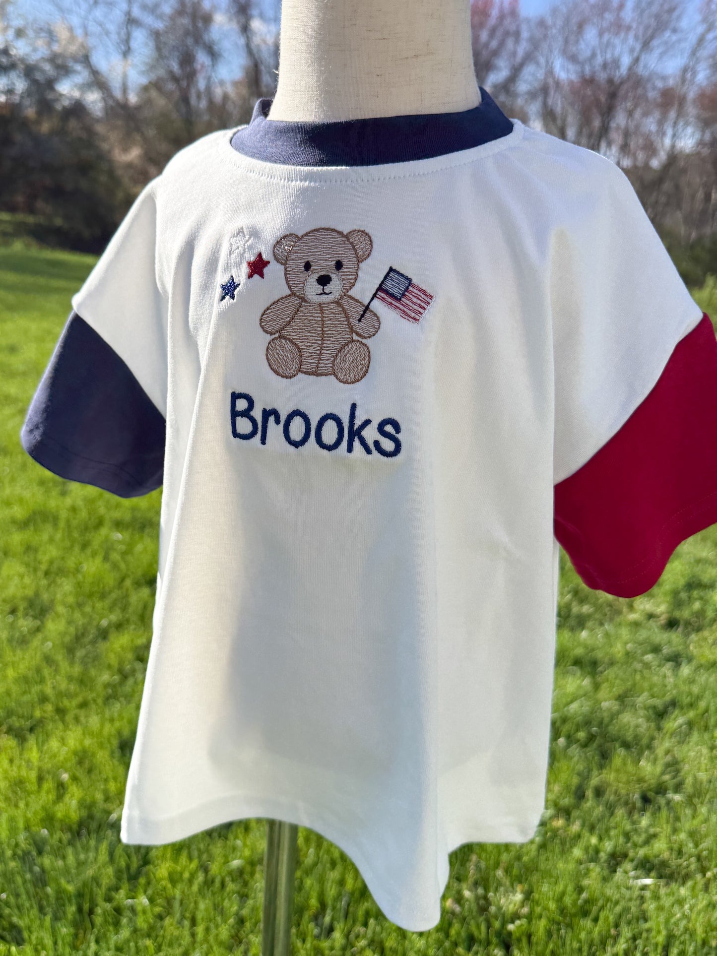 Custom Embroidered 4th of July Colorblock T-Shirt Romper or Oversized Tee - Teddy Bear