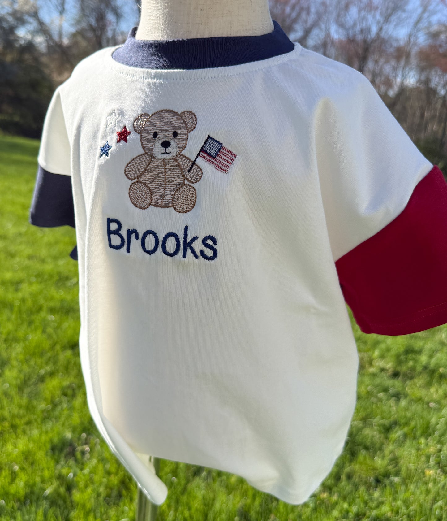 Custom Embroidered 4th of July Colorblock T-Shirt Romper or Oversized Tee - Teddy Bear