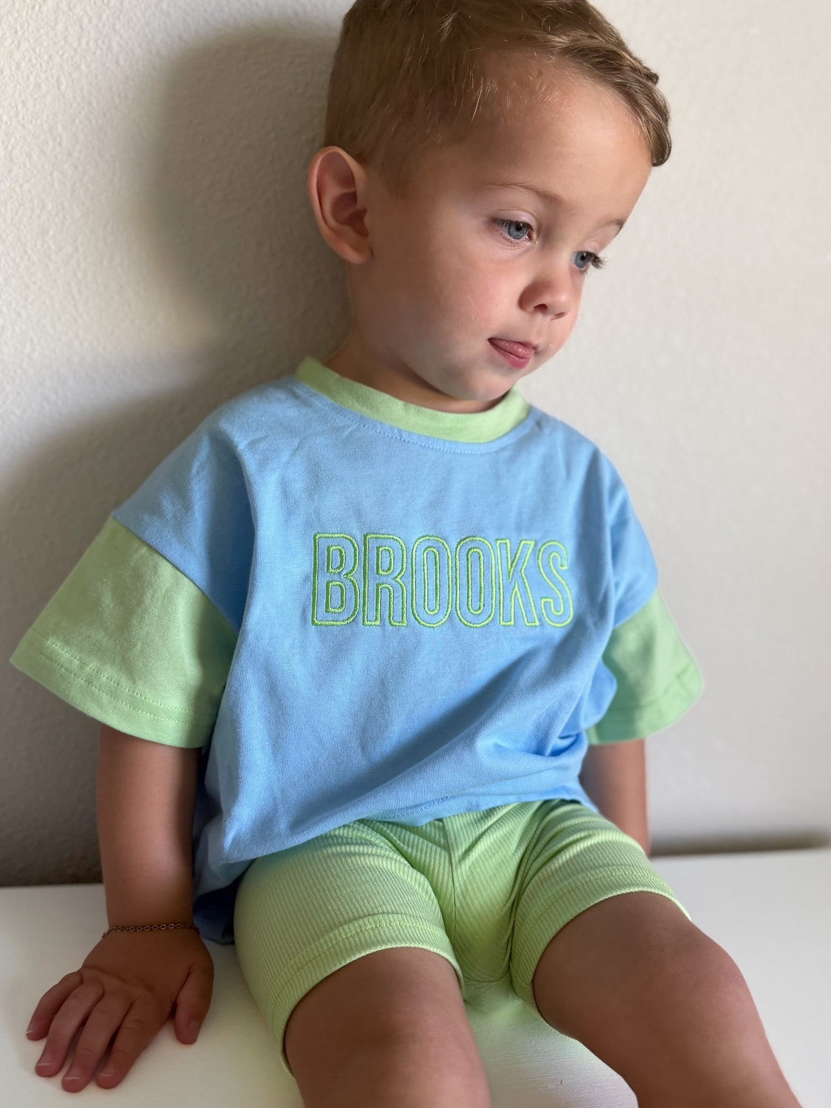 Custom Embroidered Colorblock Oversized Tee & Biker Set – Blue & Green