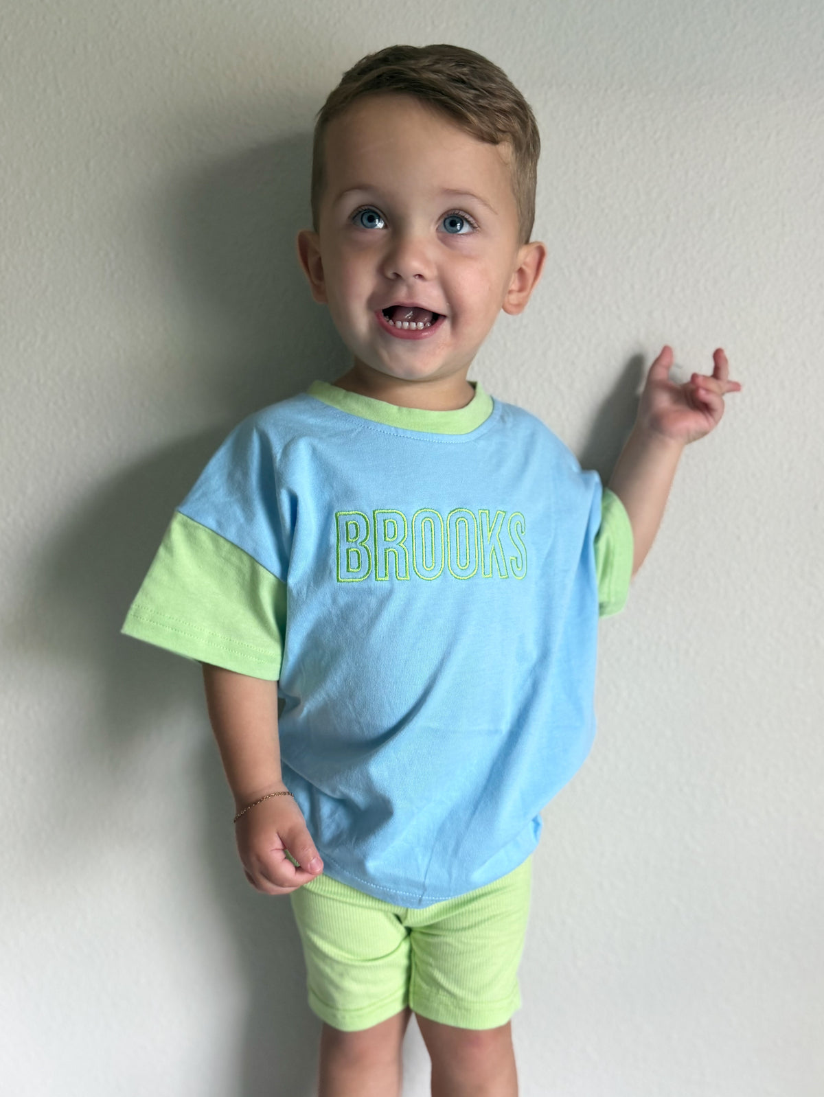 Custom Embroidered Colorblock Oversized Tee & Biker Set – Blue & Green