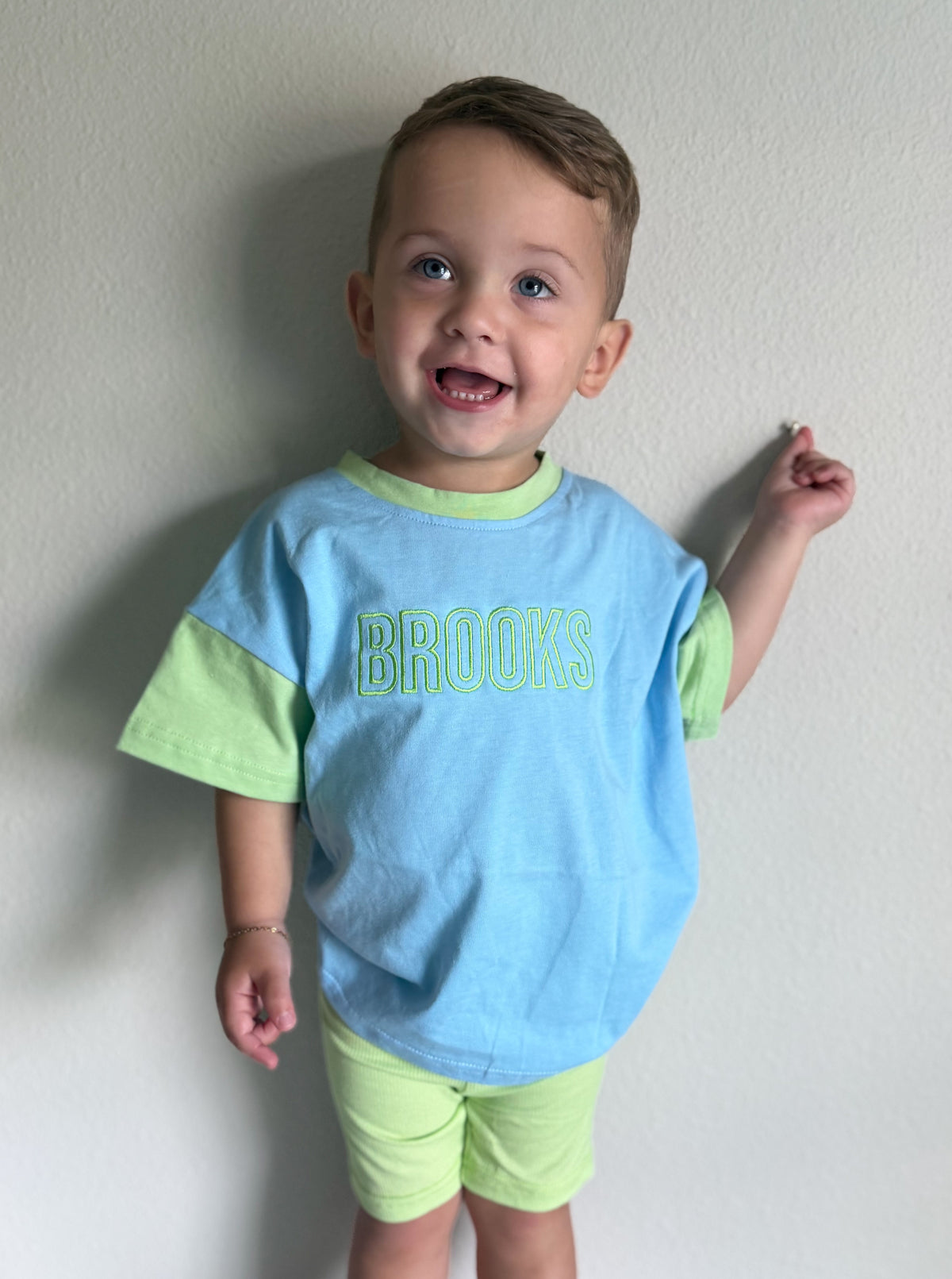 Custom Embroidered Colorblock Oversized Tee & Biker Set – Blue & Green