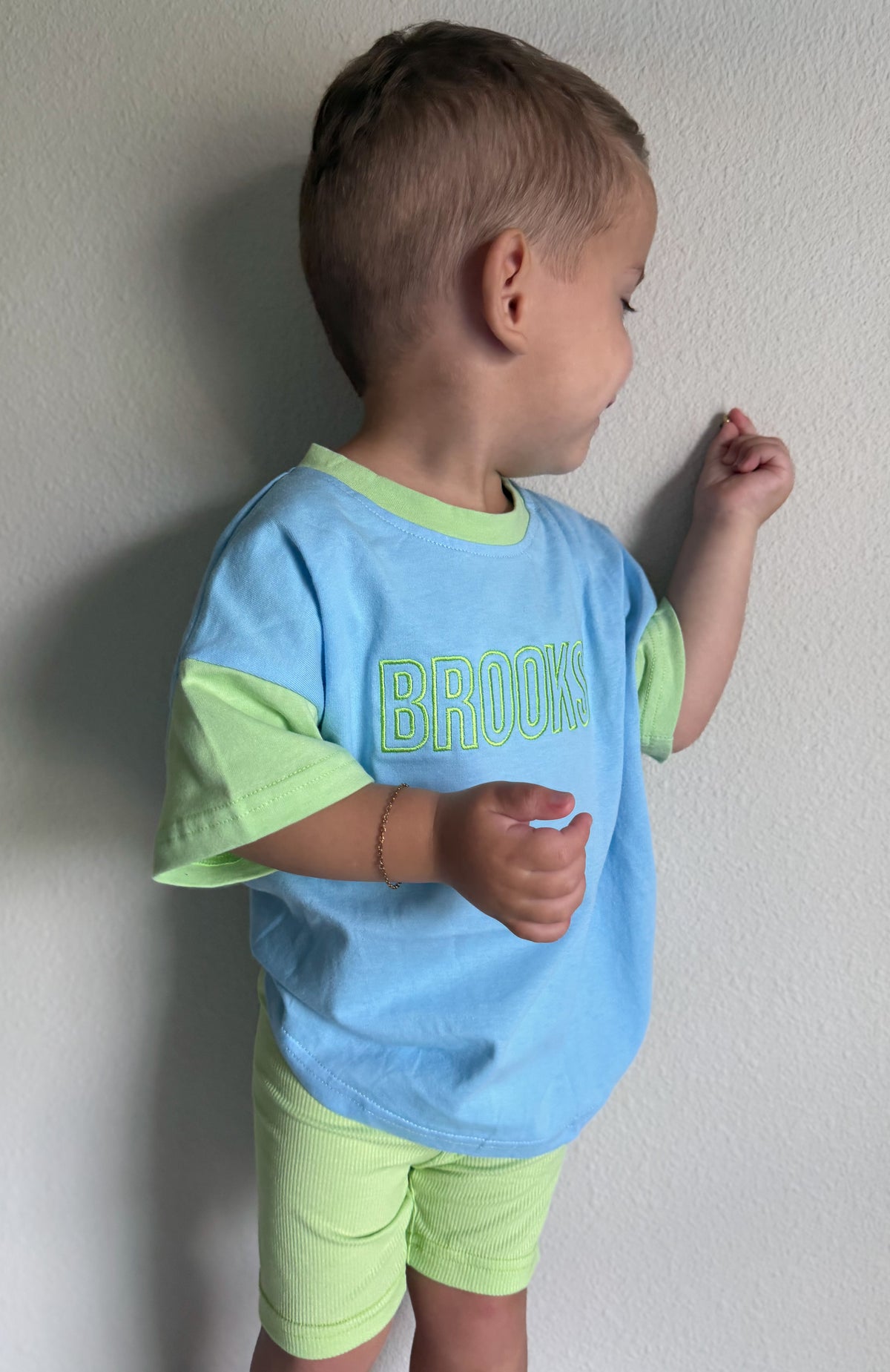 Custom Embroidered Colorblock Oversized Tee & Biker Set – Blue & Green