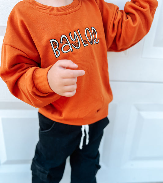 Custom Embroidered Orange Crewneck Sweatshirt, Tee or Bubble Romper - Spiderweb Font